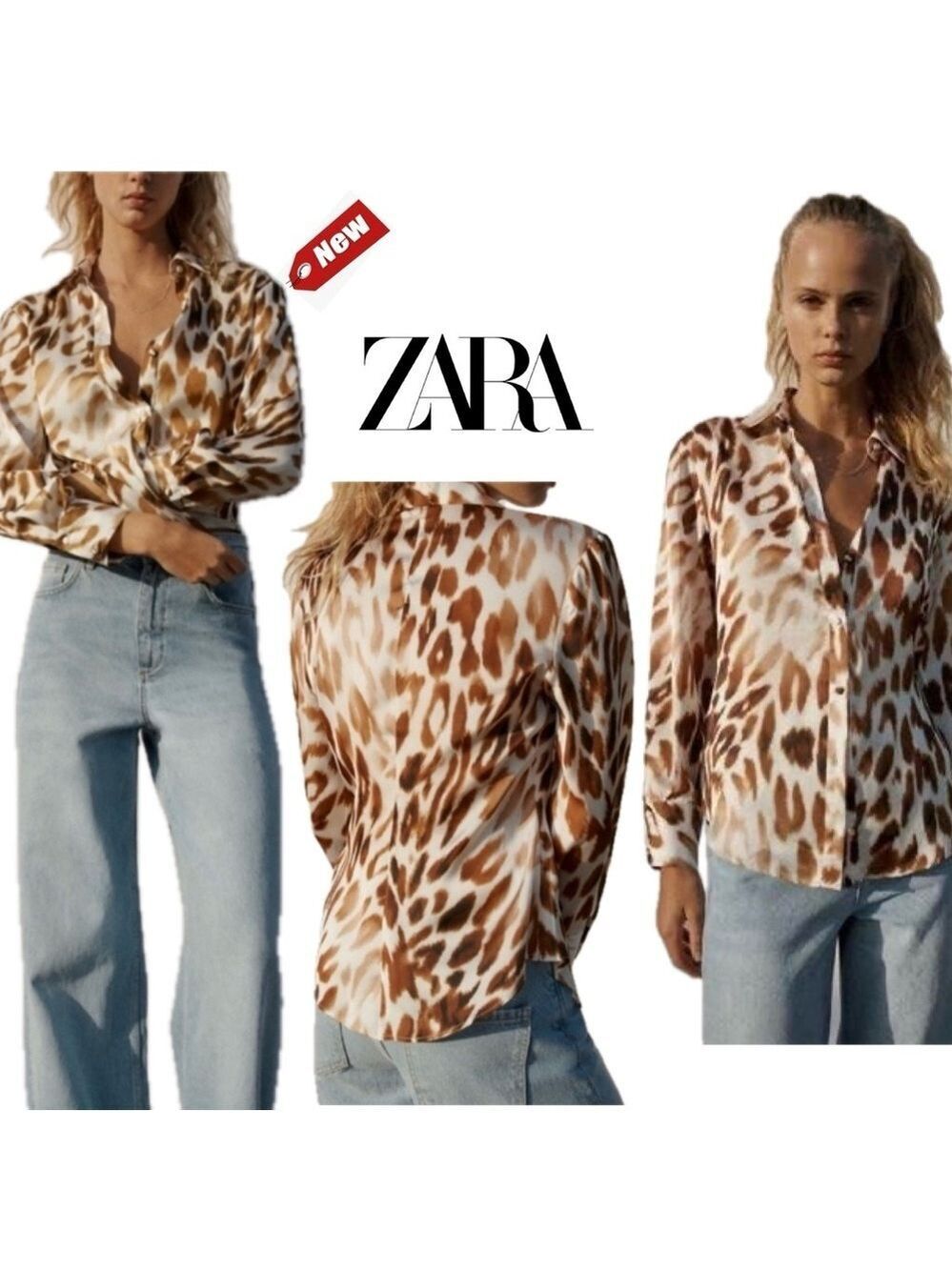 Zara leopard cheetah animal print satin effect long sleeve button front blouse L